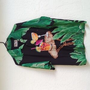 Tori Richard Vintage Black Green Hawaiian Tropical Cocktail Shirt Size Medium
